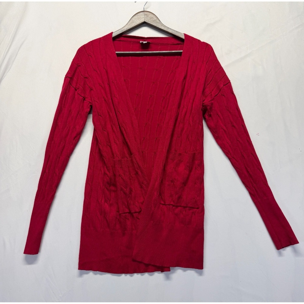 Cielo Cardigan Sweater Womens Medium Red Viscose Cable Knit Open Front Rib Trim‎